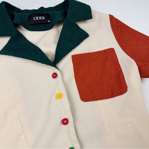Cider Retro Colorblock Short Sleeve Button Up Crop Blouse Patchwork XS Like New - Picture 5 of 10